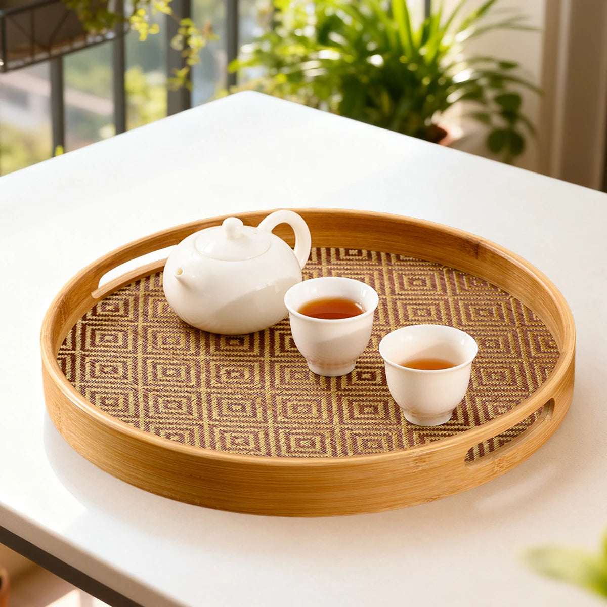 Tejesa Bamboo Round Tray 15.8" Handles / Multi-Purpose Home Kitchen Beverage Storage Restaurant Platter
