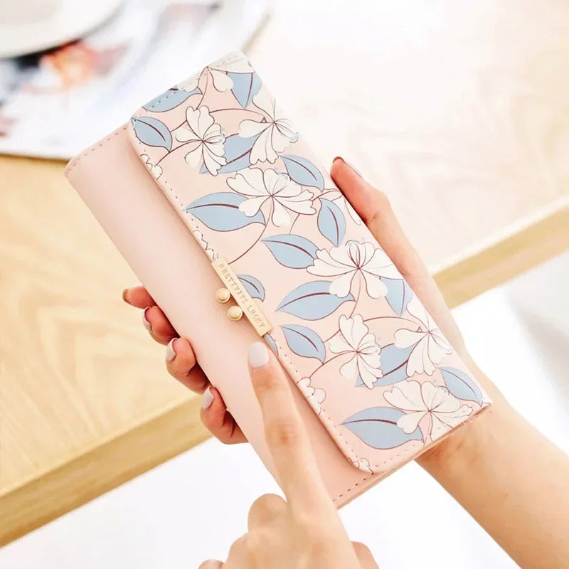 Tejesa Women's Cute Purse Long Printing Flower Wallet Phone Female Three Fold Clutch Large Capacity Wallet