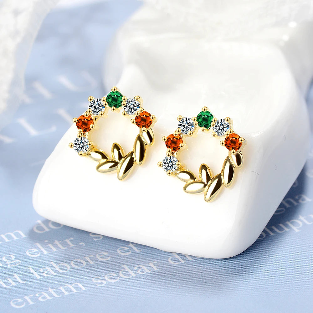Real 925 Sterling Silver Zircon Round Crystal Leaves Stud Earrings Gold Color Fine Jewelry For Women Accessories