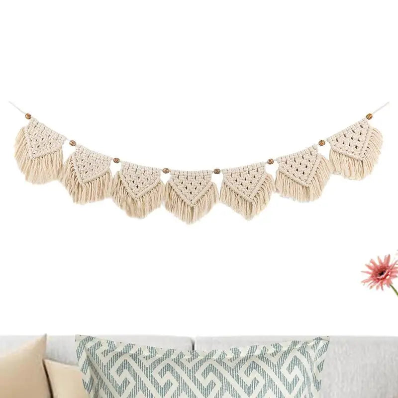 Hand-woven Boho Macrame Tapestry Wall Macrame Macrame Garland Banner with Wood Beads Home Wall Art Decoration for Apartment