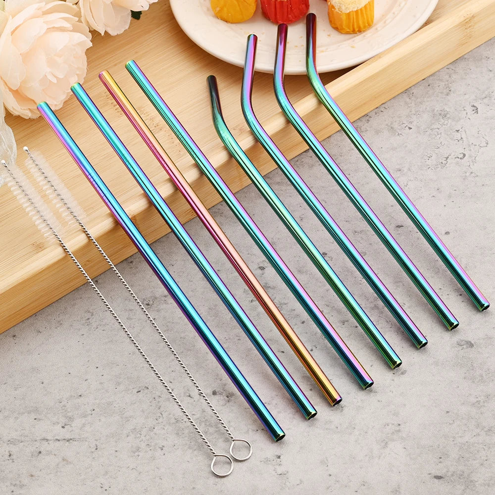 Hemasa 8pcs Stainless Steel Bent Straws Set Reusable Straws for Drinking Fruit Juice Milk Tea Coffee Colorful Straw with Cleaning Brush