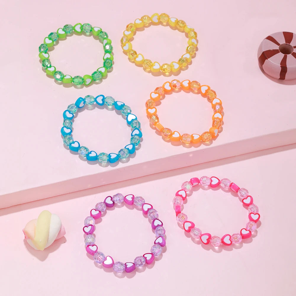 6Pcs/set Handmade Colorful Heart Beads Elastic Bracelet for Daughter Girls Friendship Party Birthday Jewelry Gifts