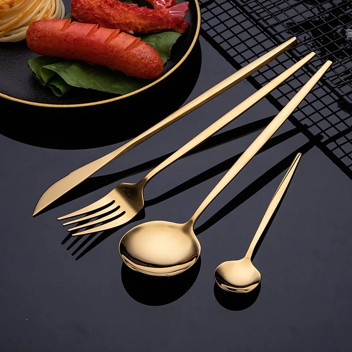Hemasa 16Pcs Cutlery Set Stainless Steel Mirror TablewareDinner Black Gold Dinnerware Set Knife Fruit Fork Spoon Silverware Kitchen