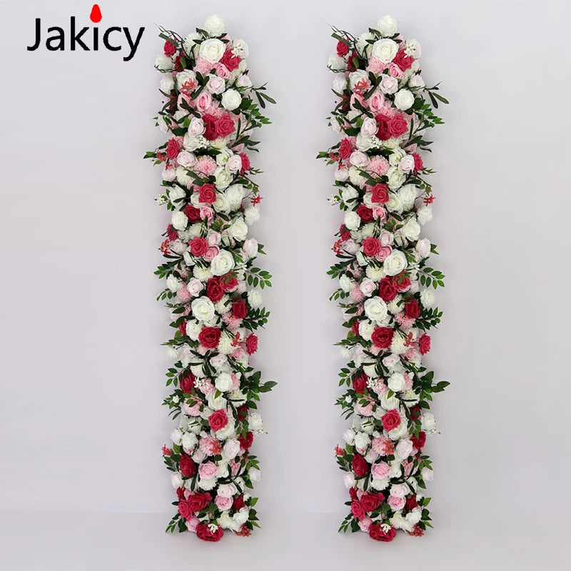 Pink White Series Artificial Flower Strip Wedding Table Runner Floral Arrangement Wedding Backdrop Decor Prop Arch Flower String