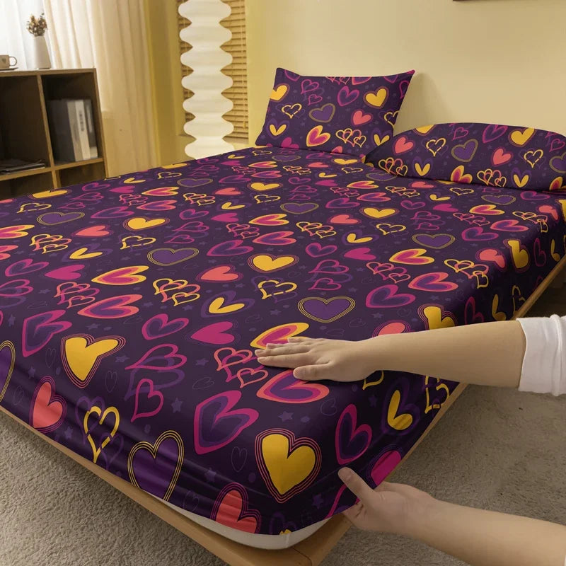 1pc Ring Heart Cover Pattern Brushed Fitted Sheet, Bedroom Printed Bedspread, Bedding (not include pillowcase)
