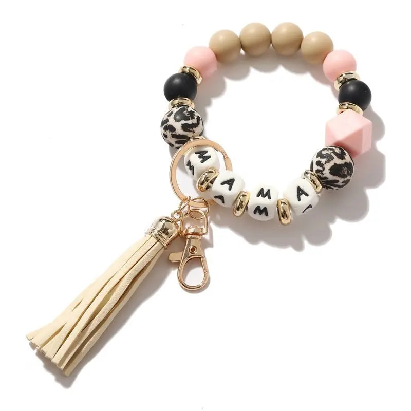 Silicone Keychain For Keys Tassel Wood Beads Bracelet Keyring For Women Multicolor Beads Keychain Fashion Keychain Wholesale