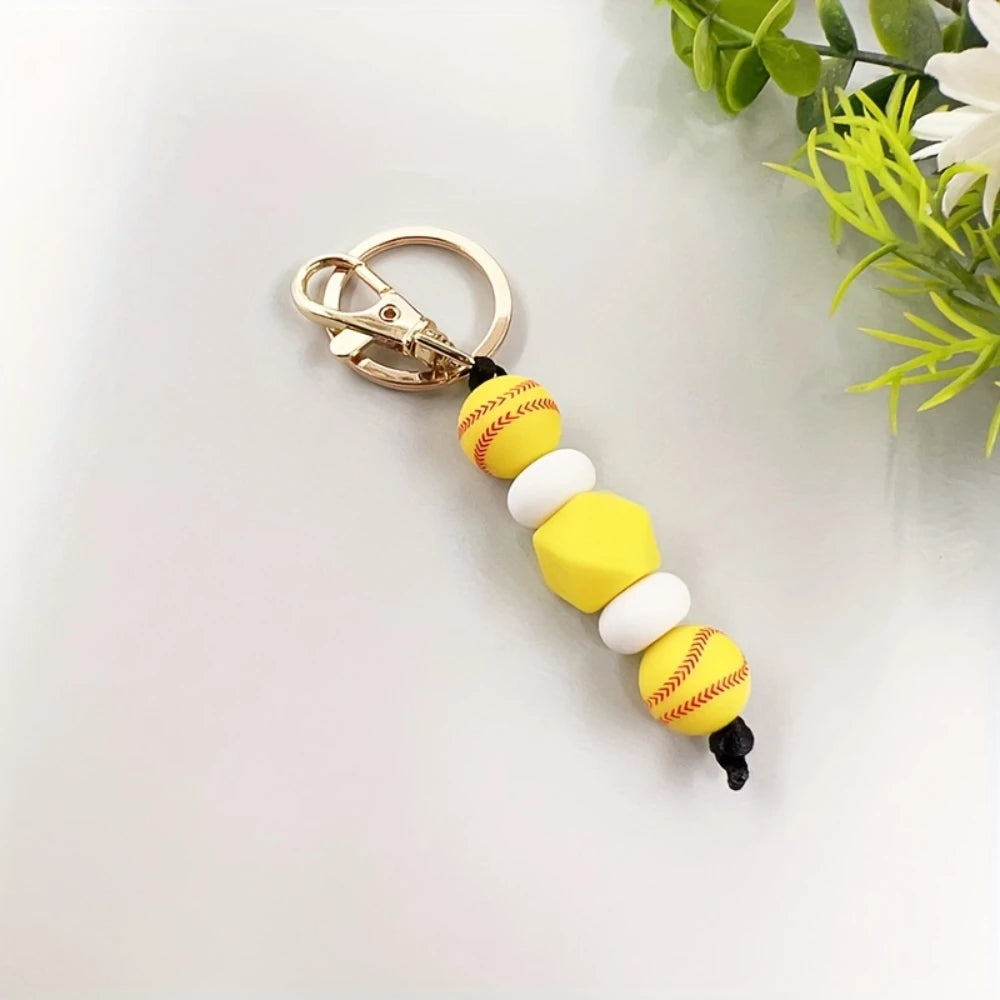 LOFCA Basketball Football Silicone Beaded Keychain Handmade Wood Beads Keychain Charm Backpack  Pendant  Accessories Keyring