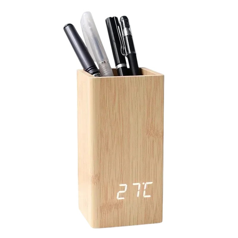 Tejesa Pencil Organizer Pen Holder Alarm Creative Simple Desktop Wooden Clock  Led Time Temperature Date Display Clock Home Decor