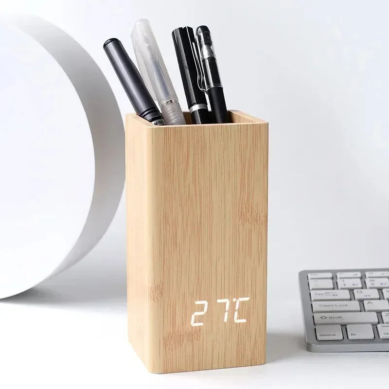 Tejesa Pencil Organizer Pen Holder Alarm Creative Simple Desktop Wooden Clock  Led Time Temperature Date Display Clock Home Decor