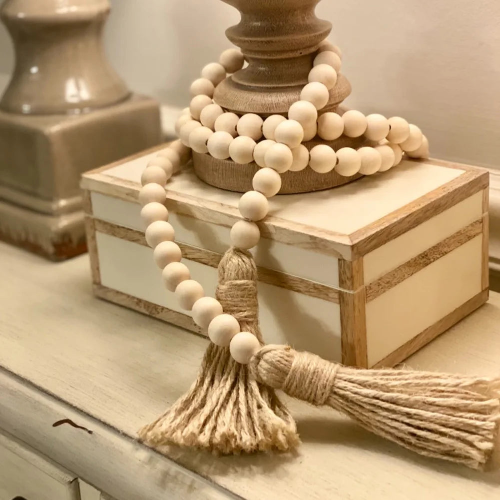 Wooden Handmade boho DIY Rattan Natural Wood Bead Garlands Macrame home decor Farmhouse Rustic Tassel Decoration Wall Hanging