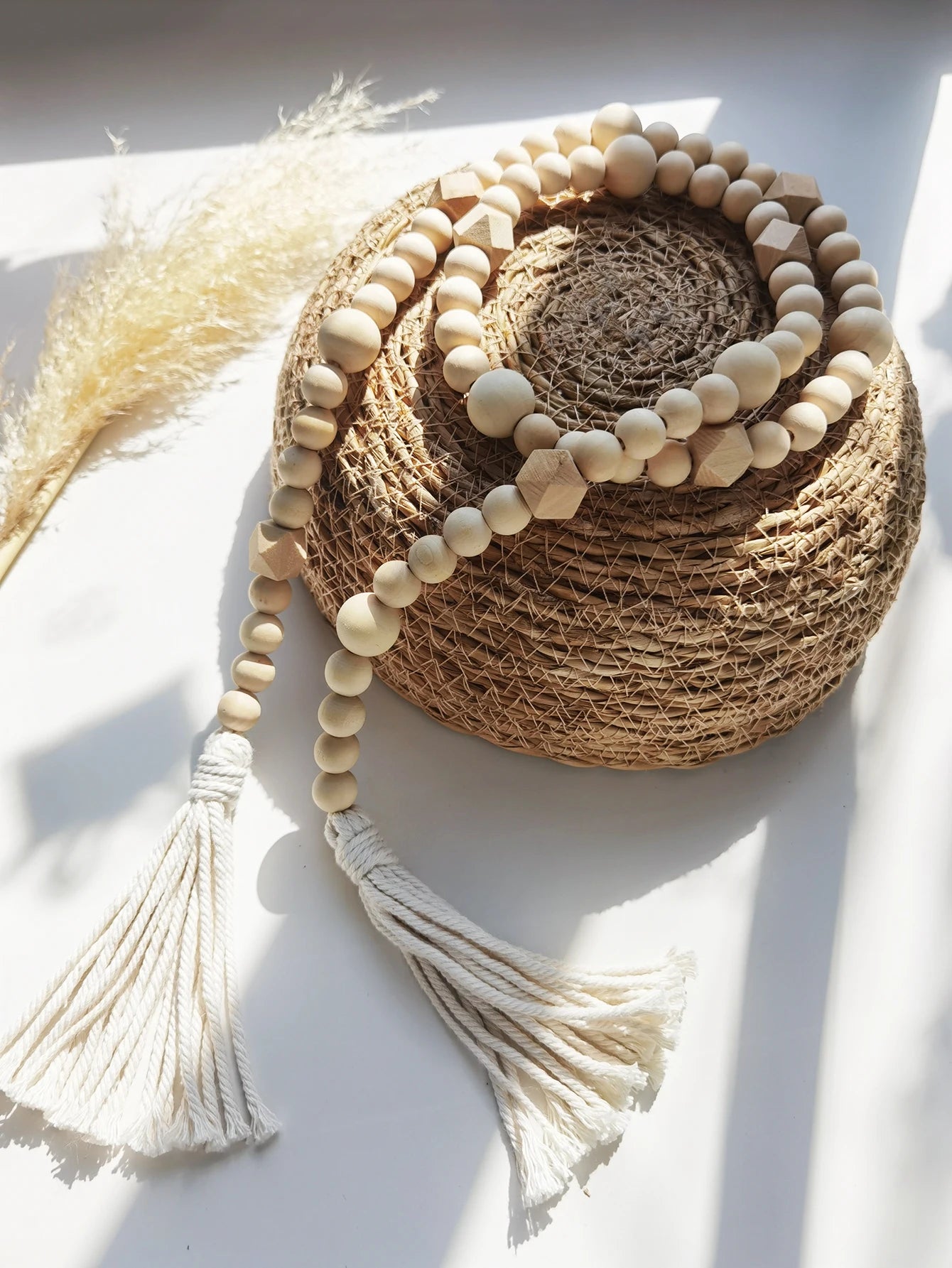 Macrame Wood Bead String Handmade Wooden Beads Chains Ramadan Decor Wall Hanging Decor Boho Home Decoration for Living Room Gift