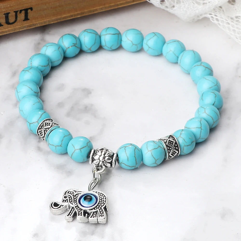 6 8mm Blue Natural Stone Bracelets Women Classic Owl Beaded Charm Yoga Bracelets Bangles Couple Wristband Jewelry Gifts Pulsrea