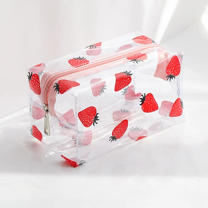 Kawaii Cute Transparent Cosmetic Bag Large Capacity Portable 2023 New Print Fruit Heart Pattern Pencil Case Makeup Storage Bag