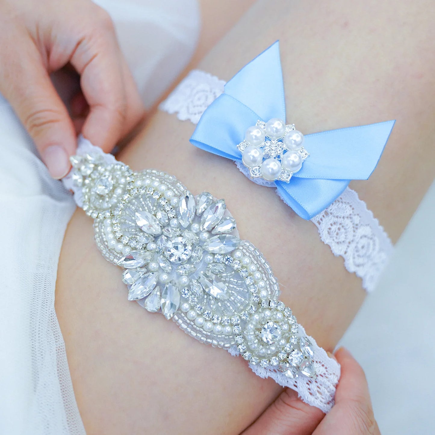 Lace Leg Wedding Bridal Garters Bride Silver Rhinestones Pearls Women Thigh Decoration Ring