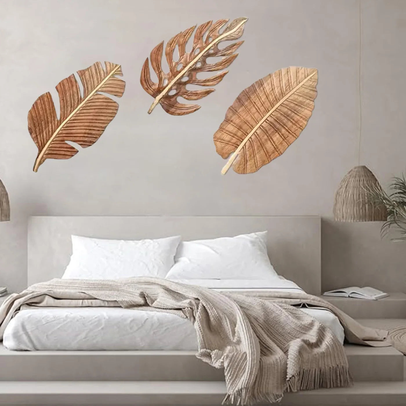 Hemasa 3pcs Wood Leaf Wall Art Decor, Bohemian Home Decor, Wood Wall Sculptures for Living Room, Indoor Wall Hanging Decoration