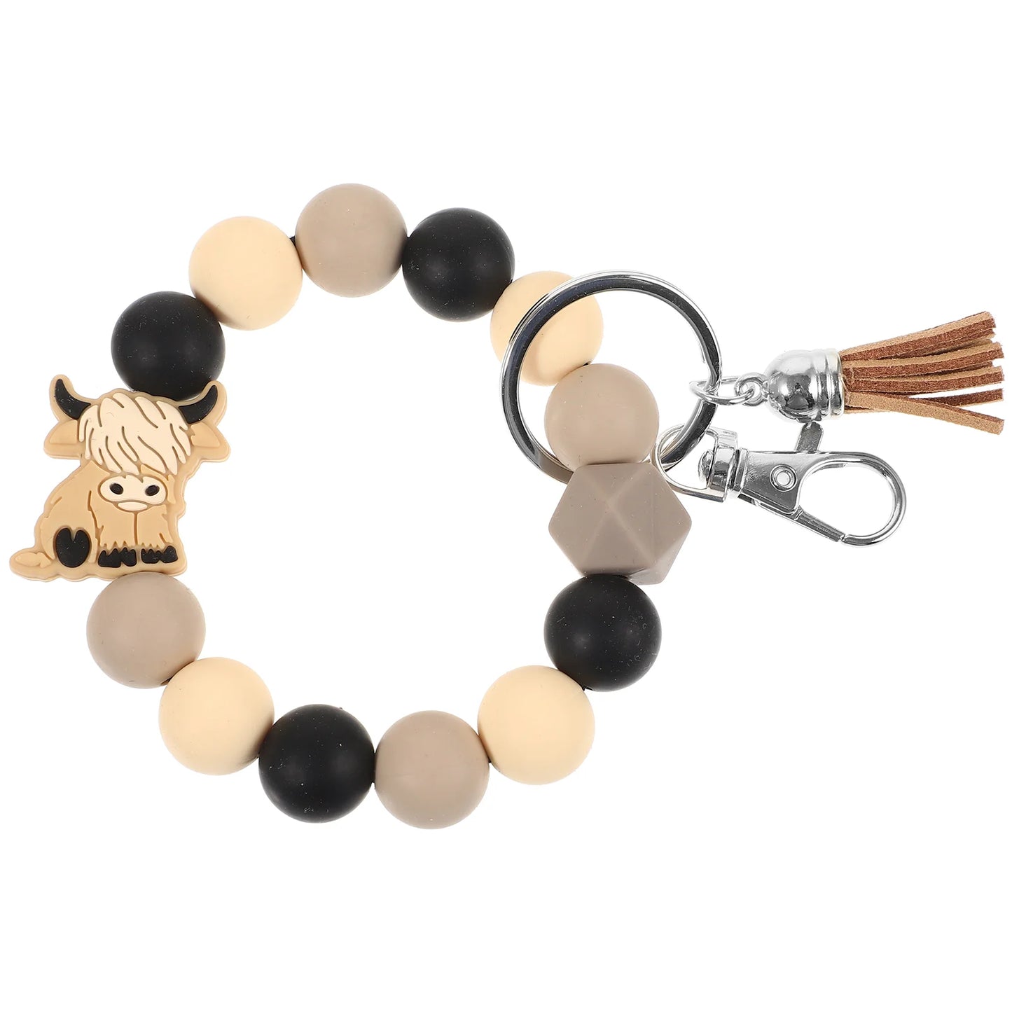 Highland Cow Keychain Silicone Bracelet Beaded Keyring Wristlet Wristbands Multi-function