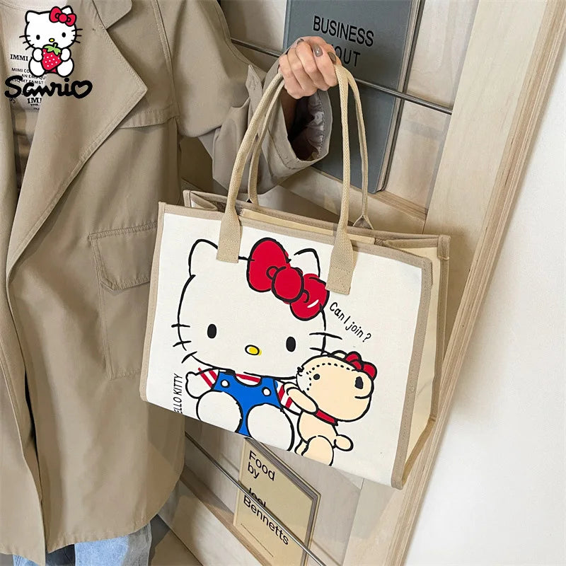 Hemasa Hello Kitty Canvas Bag  Tote Bag Shoulder Storage makeup  Pouch Anime Handbag Travel Shopping Bag Kid Schoolbag Girl Gift