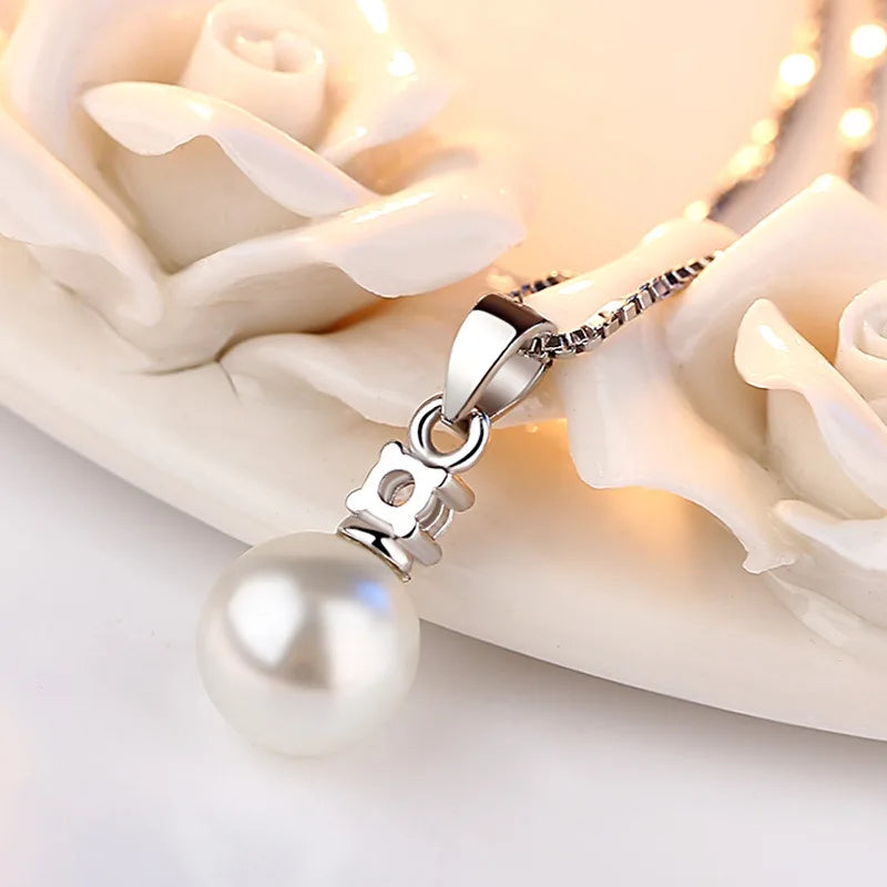Solid 925 Sterling Silver Pearl Pendant Necklace Crystal Stud Earrings Jewelry Sets For Women New Trendy FQL23080