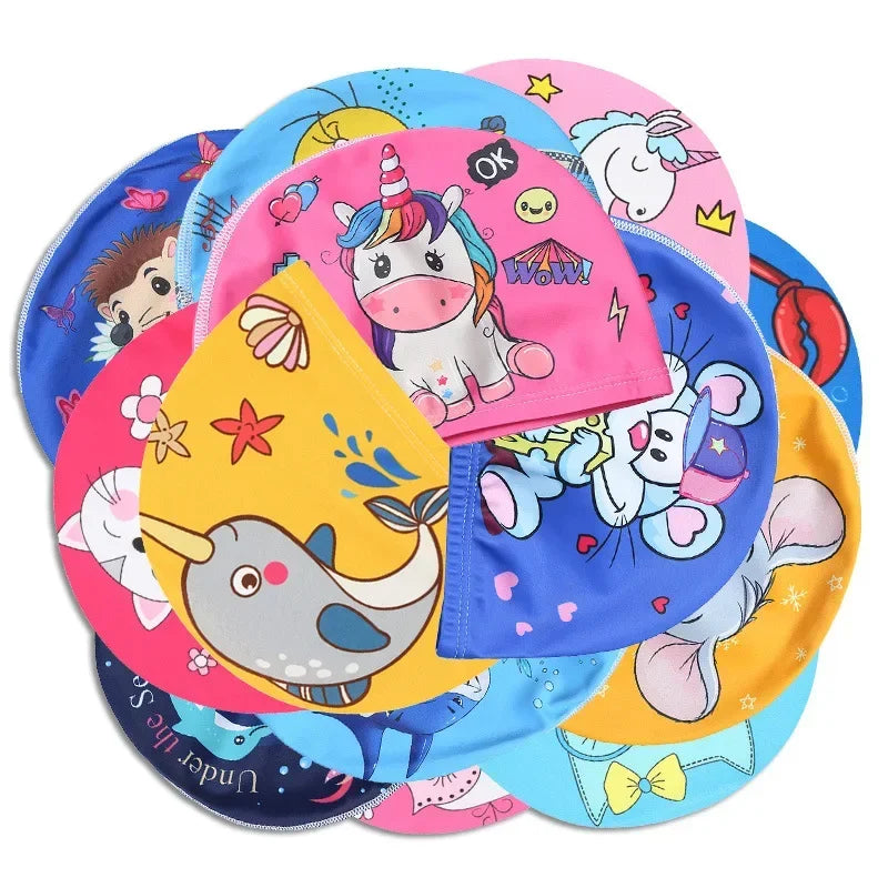 Hemasa Swimming Cap for Children Elastic Fabric Cute Cartoon for Long Hair Lovely Kids Protect Ears Swim Pool Hat for Boys Girls Swim