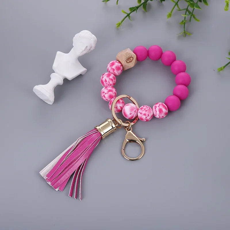Silicone Keychain For Keys Tassel Wood Beads Bracelet Keyring For Women Multicolor Beads Keychain Fashion Keychain Wholesale