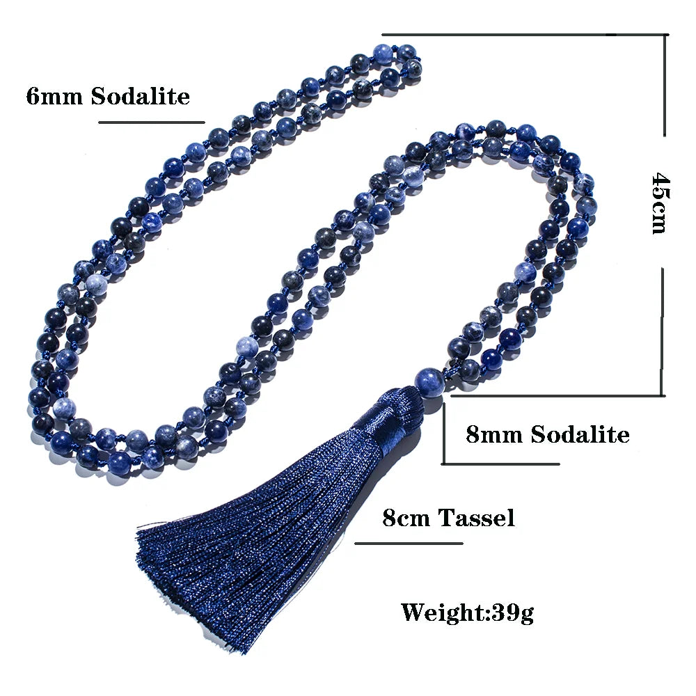 6mm Natural Sodalite Beaded Knotted 108 Mala Necklace Meditation Yoga Prayer Boho Tassel Jewelry Rosary for Women
