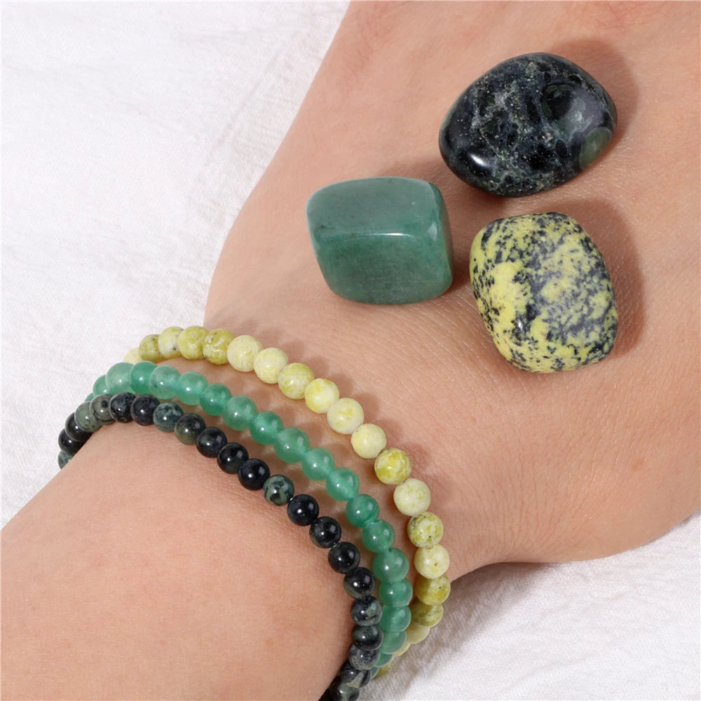 3pcs/set 4mm Beaded Bracelet with Raw Stone Natural Aventurine Amethysts Rose Quartz Beads Bracelets Women Men Energy Jewelry