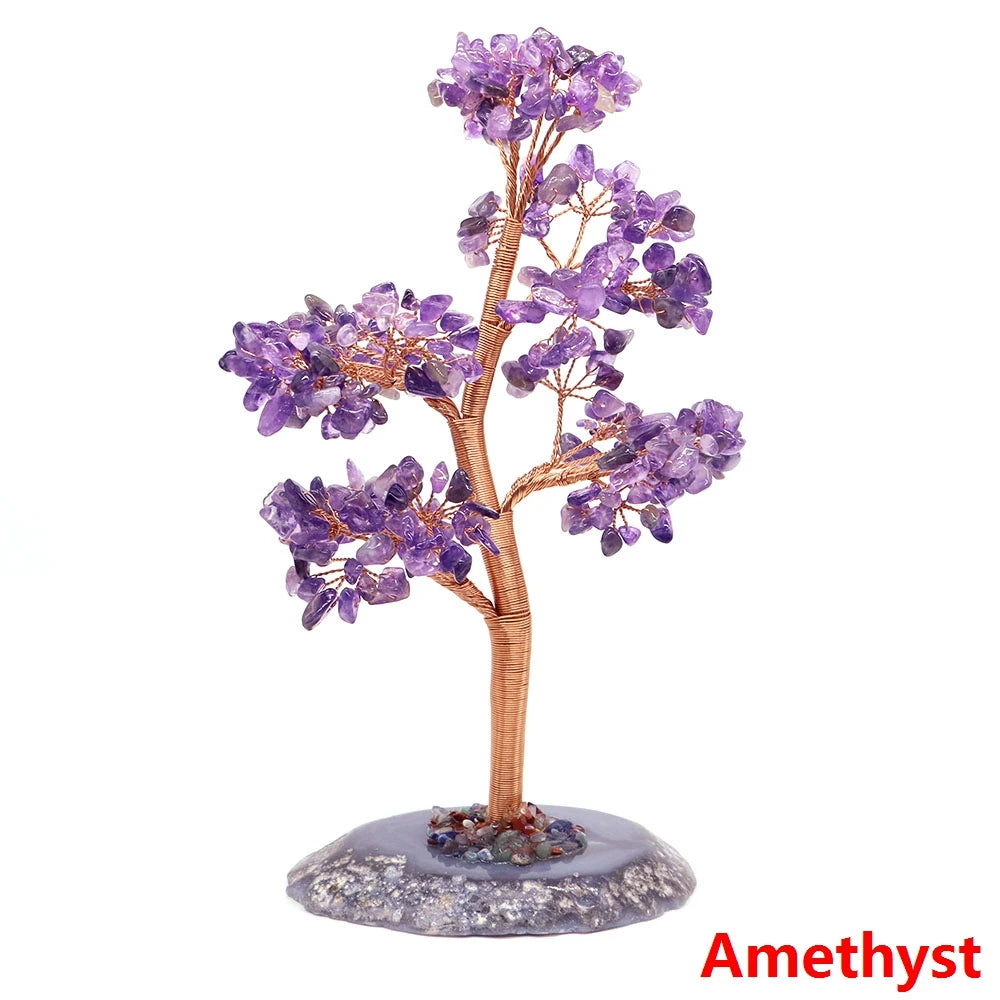 Natural Healing Crystal Stone Amethyst Tree Wire Wrapped Agate Flake Base Home Office Desk Living Room Feng Shui Decor Gifts