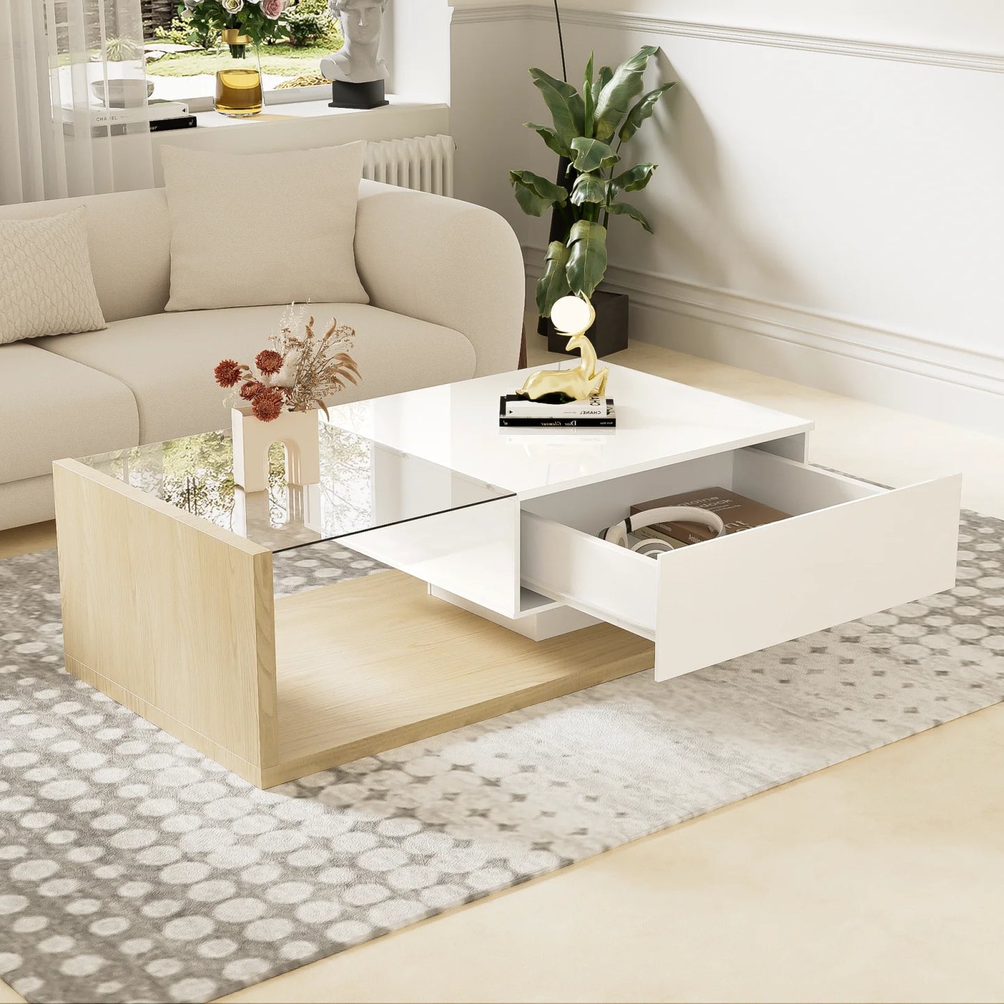 Coffee Tables With Glass And LED Living Room Coffee Table In High Gloss White And Wood Color Combination. Side Tables
