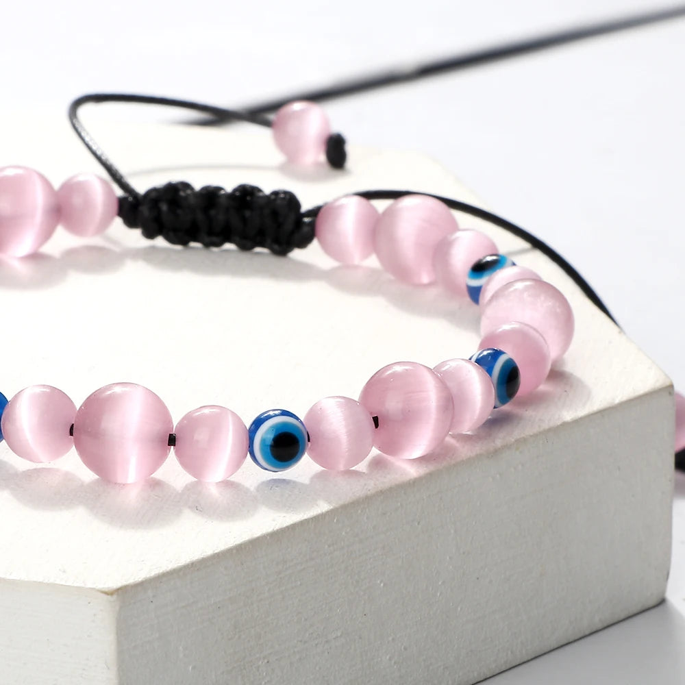 Blue Evil Eye Beaded Bracelets Natural Cat Eye Stone 6 8mm Opal Men Bangles Adjustable Women Bracelet Lucky Yoga Jewelry Gifts