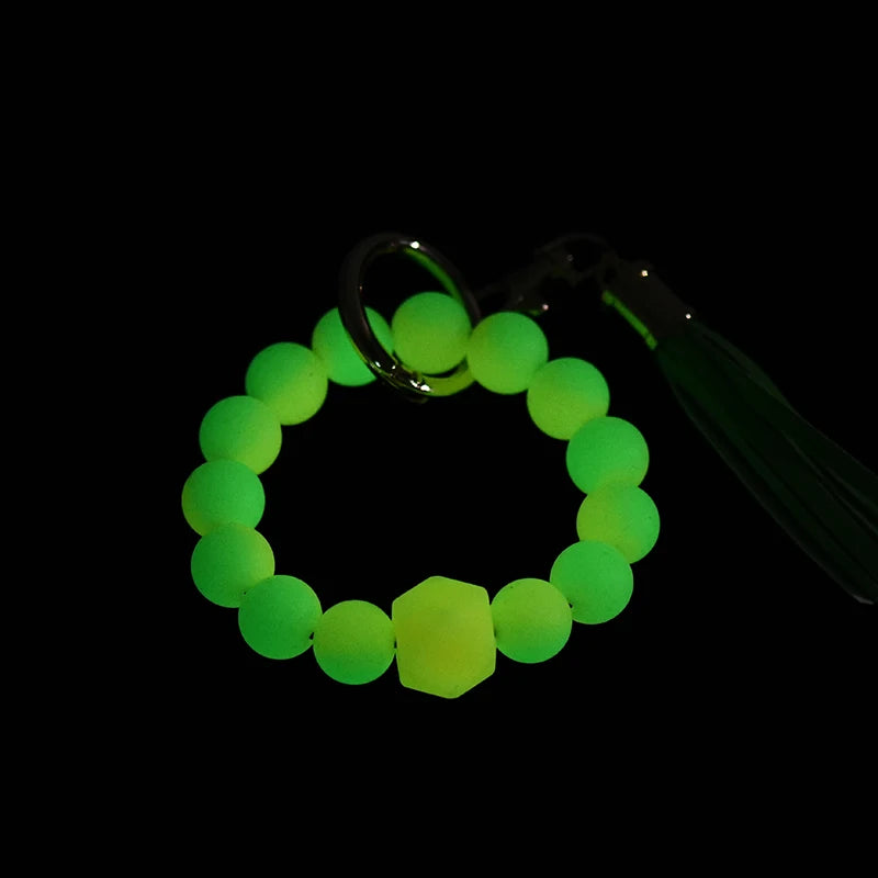 Hemasa Glow in the Dark Silicone Beads Keychain Keyring For Women Wristlet Bracelet Tassels Pendant Keychain Jewelry Accessory glows in the dark