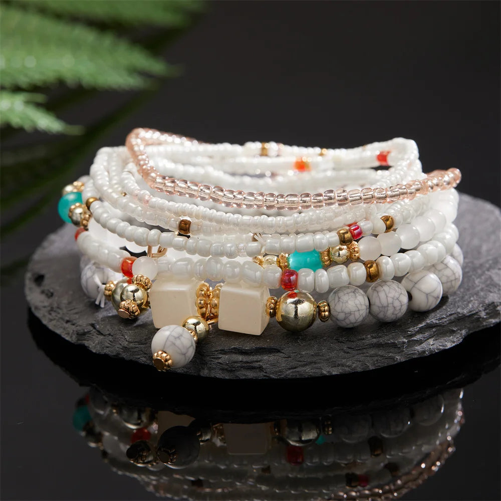 Bohemian Dopamine Colorful Beads Bracelet Set For Women Lady Handmade Elastic Multilayer Bangle Jewelry New Accessories