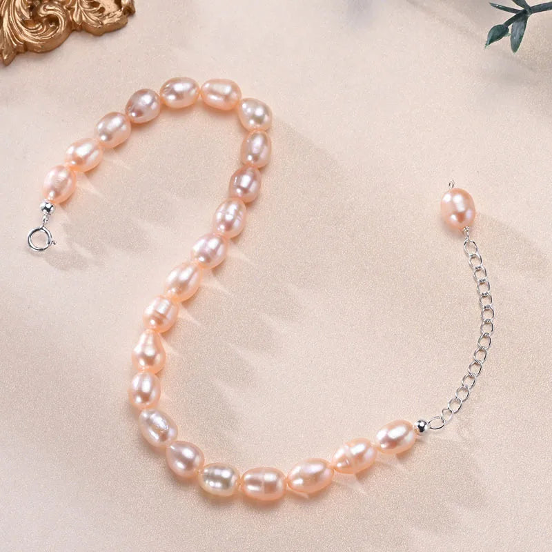 Hemasa 6-7mm Rice Shape Freshwater Pink Purple Mixed Color Bracelet /925 Sterling Silver  Jewelry Gift for Women Girls