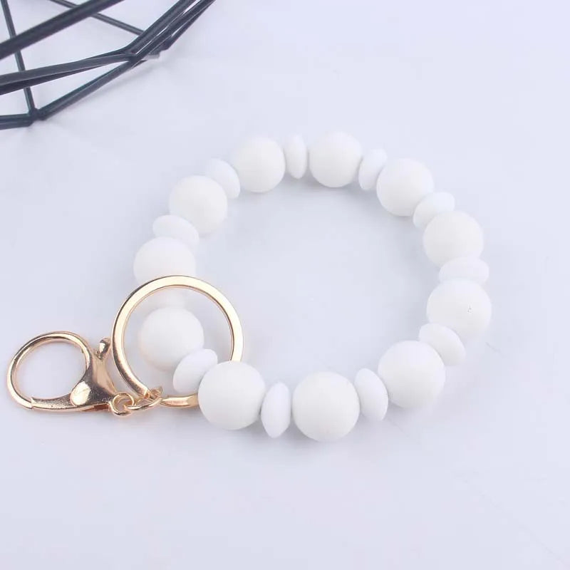 Food Grade Silicone Round Beaded Keychain Fashion Women Wristlet Bracelet Keyring For Anti-Loss Lobster Clasp Keychain Jewelry