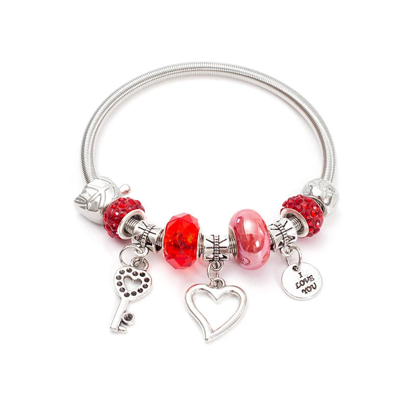 Fashion Simple Pandora Glazed Gem Beads Key Lock Love Hanging Bracelet Light Luxury Vintage Bangle For Women Jewelry Gift