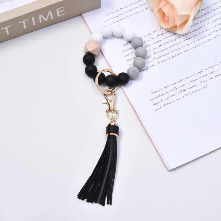 Tassel Wood Silicone Bead Bracelet Key Chain Female Women Hot Selling Bracelet Key Ring Wrist Bangle Keychains Accessory