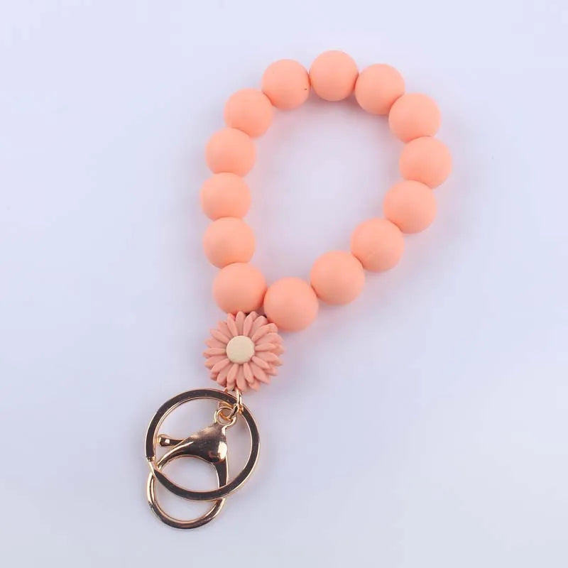 Food Grade Silicone Round Beaded Keychain Fashion Women Wristlet Bracelet Keyring For Anti-Loss Lobster Clasp Keychain Jewelry