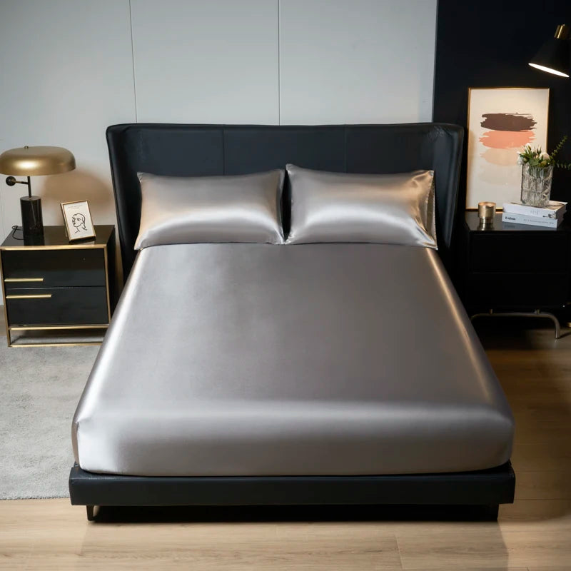 1Pc Satin Fitted Sheet Solid Colour Twin Full Queen Ice Silk Mattress Cover Natural With Elastic Band Bed Sheet (No Pillowcase)