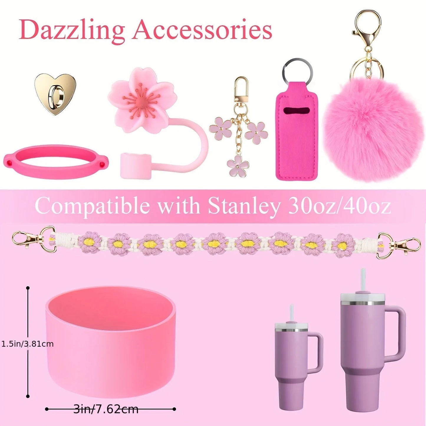 Hemasa 8PCS Cup Accessories, Set includes Water Bottle Handle Strap, Siliocne Boots, Lipstick Sleeve Pouch Straw Cap Cover for Stanley