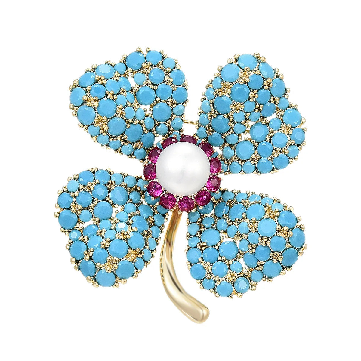 Synthetic blue turquoise four-leaf clover brooch, creative and high-end freshwater pearl brooch, versatile corsage for coat