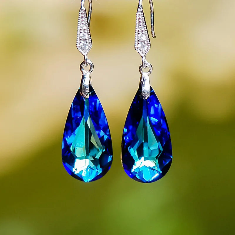 Luxury Drop Blue Crystal Drop Earrings for Women Silver Color Earrings Party Birthday Gift Earring Jewelry Pendientes Mujer
