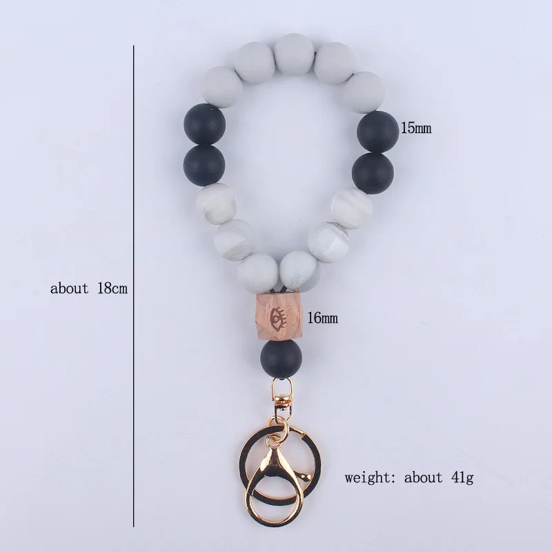 Hemasa  8Color Silicone Wooden Beaded Keychain Women Bracelet Pendant Keyring For Alloy Ring Key Chain