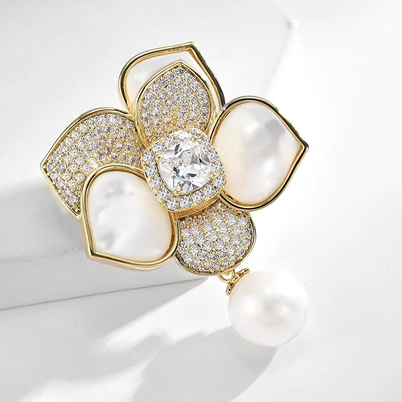 New Korean Style Heavy Industry Natural Shell Camellia Brooch, Luxury Copper Micro-inlaid Flower Pearl Brooch