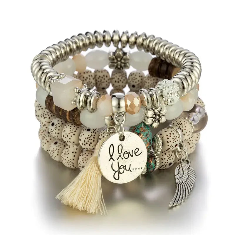 4Pcs Bohemian Beaded Bracelet Set For Women I Love You Letter Round Wing Tassel Charm Elastic Chain Bangle Girls Boho Jewelry