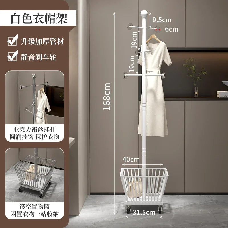 Standing Coat Rack with Basket, Entryway Coat Hanger Stand, Mobile Clothes Storage Rack with Wheels, Hallway