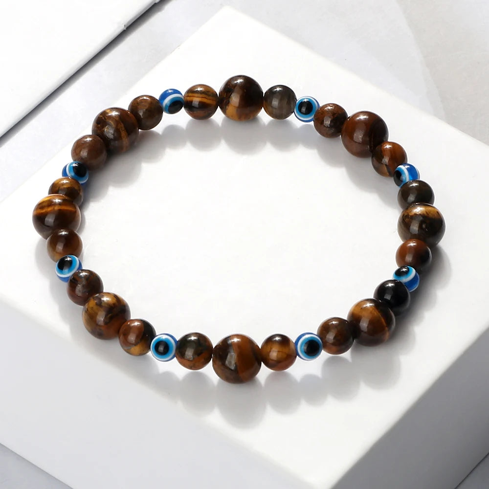 Blue Evil Eye Beaded Bracelets Natural Cat Eye Stone 6 8mm Opal Men Bangles Adjustable Women Bracelet Lucky Yoga Jewelry Gifts