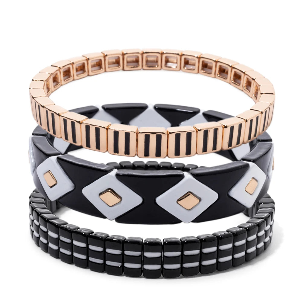 Tejesa Black Theme Enamel  Beaded Elastic Bangle Bracelet For Women