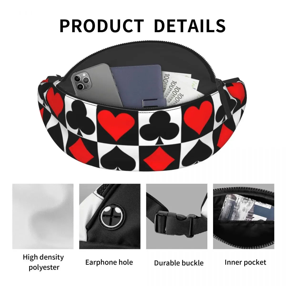 Tejesa poker Cards Waist Bag Playing Cards Unisex Travel Waist Pack Picture Polyester Bag