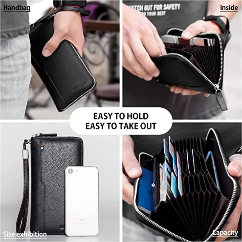 Hemasa  DENIM Genuine Leather Men's Wallet /RFID Blocking Long Coin Purse /Case Passport Cover For Mens Credit Card Holder