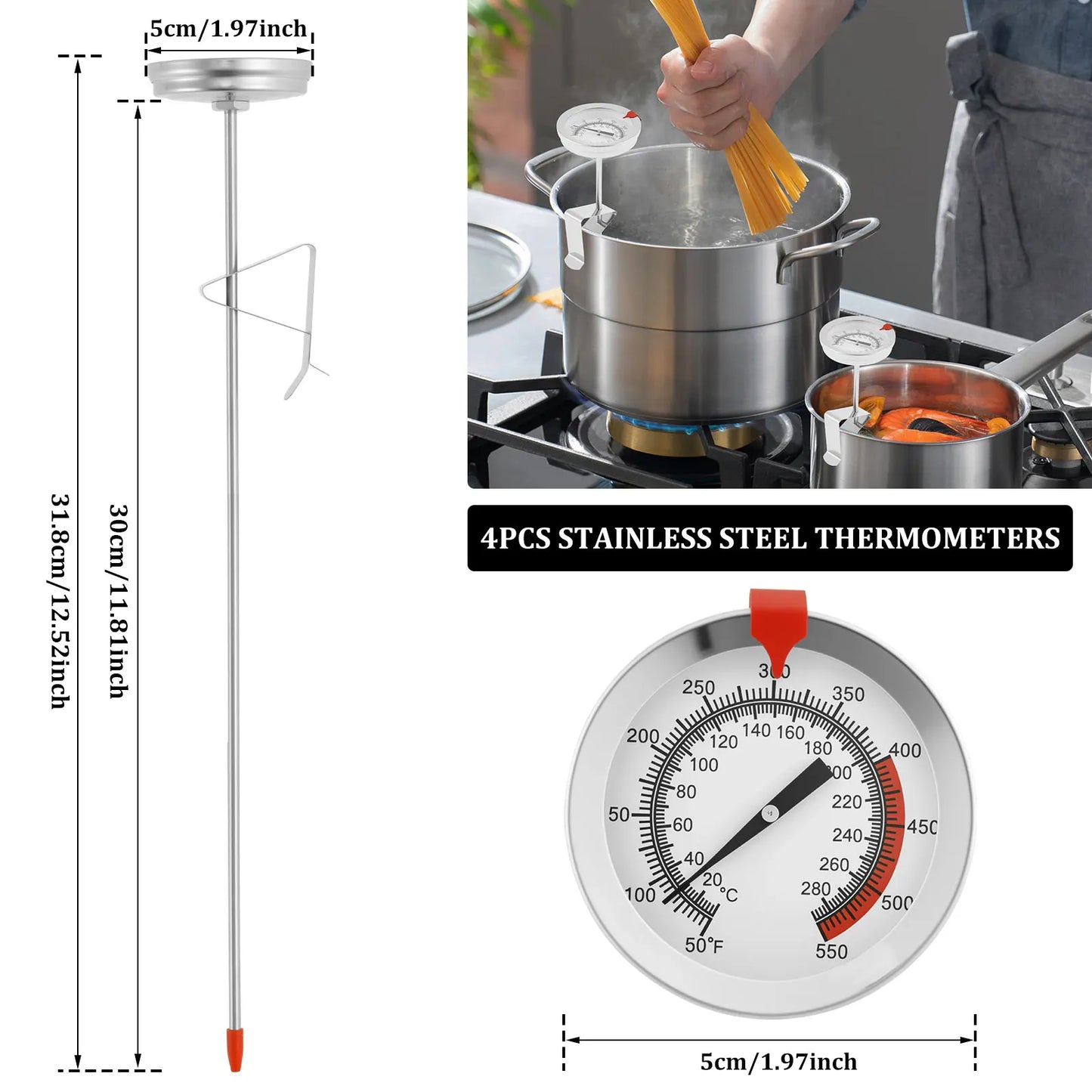 Tejesa 4/2Pcs Kitchen Thermometer with Pot Clip 12 In Stainless Steel Long Stem Deep Fry Thermometer Candy BBQ Turkey Meat Thermometer