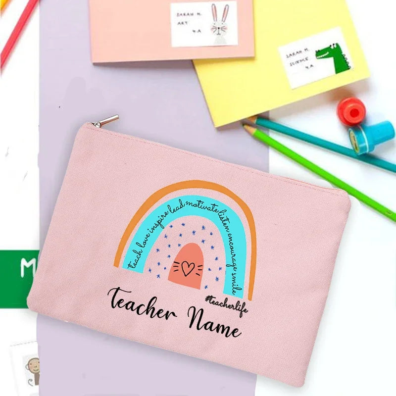 Rainbow Teacher Print Custom Name Personalized Supplies Storage Bags Travel Wash Pouch Makeup Bag Gifts Stationery Pencil Case